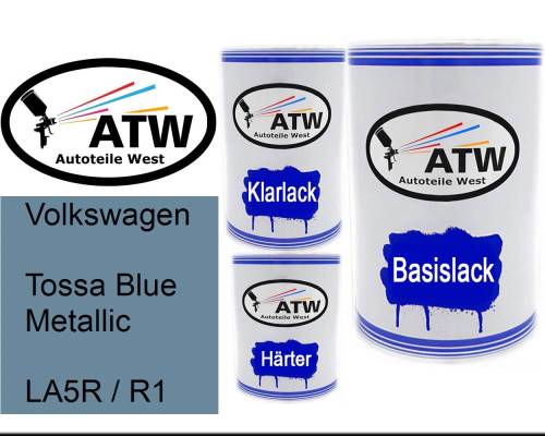 Volkswagen, Tossa Blue Metallic, LA5R / R1: 500ml Lackdose + 500ml Klarlack + 250ml Härter - Set, von ATW Autoteile West.